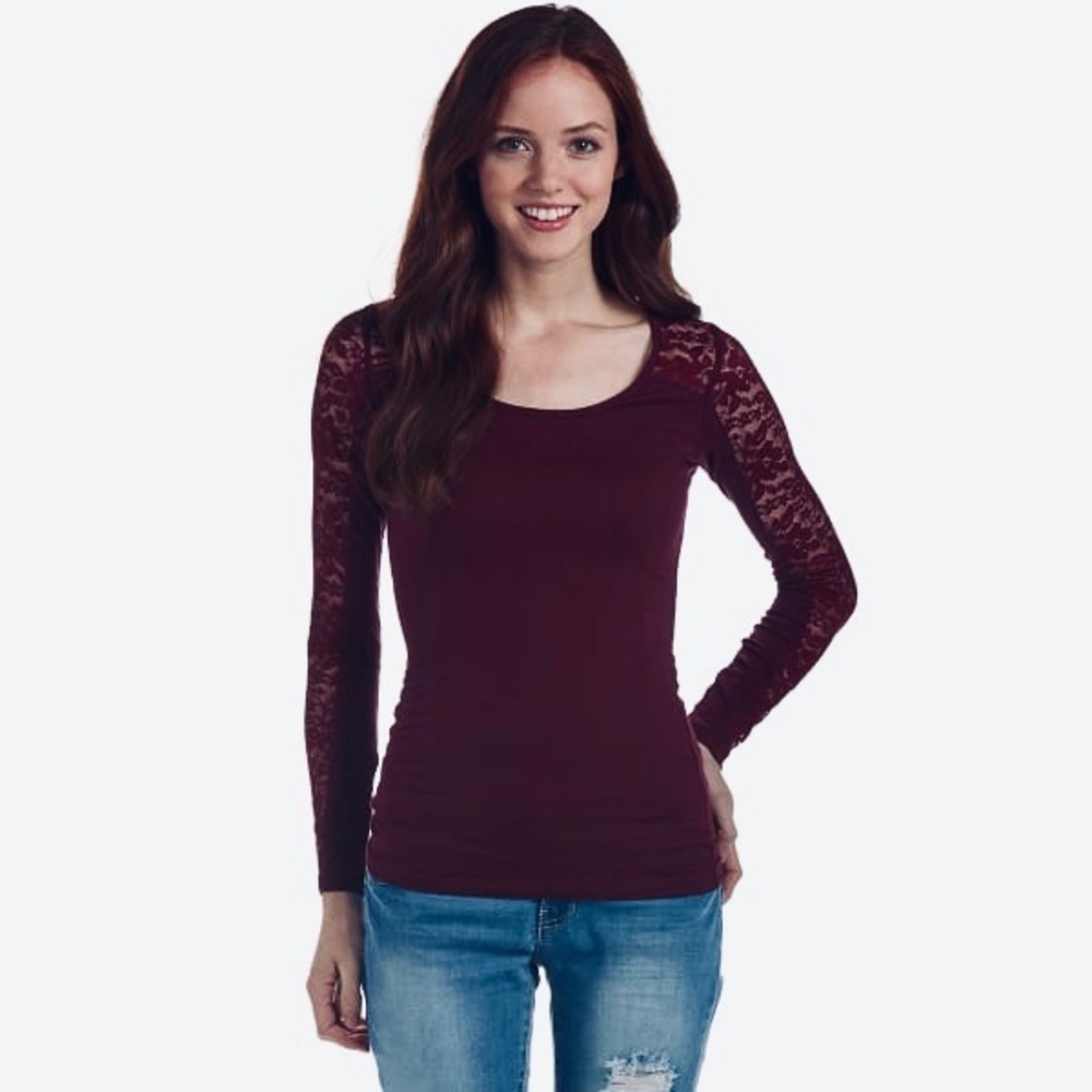 Ambience Apparel Lace Long-Sleeve Tee Burgandy